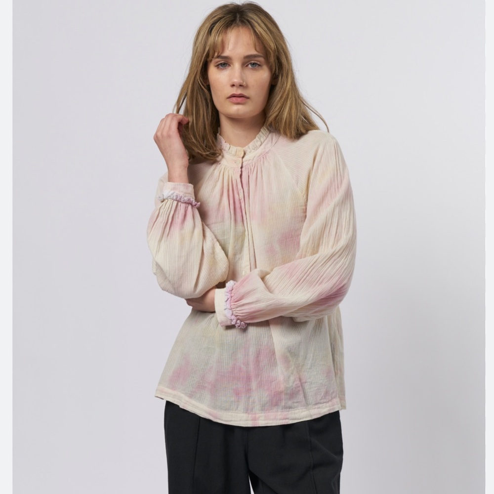 Raquel Allegra Cream and Pink Gauze Long-Sleeve Peasant Blouse